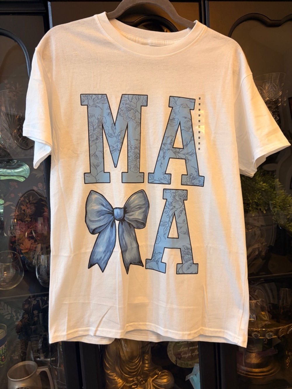 Mama Graphic Tee in White with Blue Bow